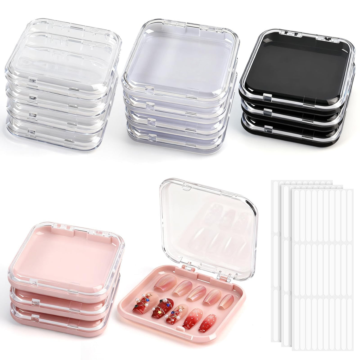 Multicolor Press On Nail Storage Box Set with 90 Adhesive Strips - Nail Organizer Case