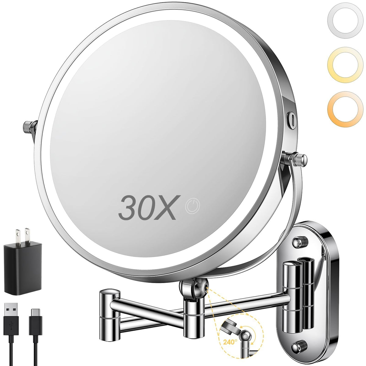 9-Inch Wall Mounted Lighted Makeup Mirror - Rechargeable 1X/30X Magnification with Touch Control