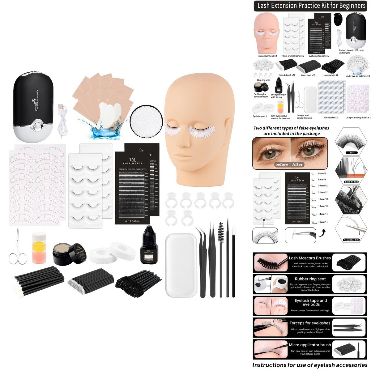 Eyelash Extension Kit for Beginners - Complete Lash Set with Glue, Tweezers & Practice Mannequin