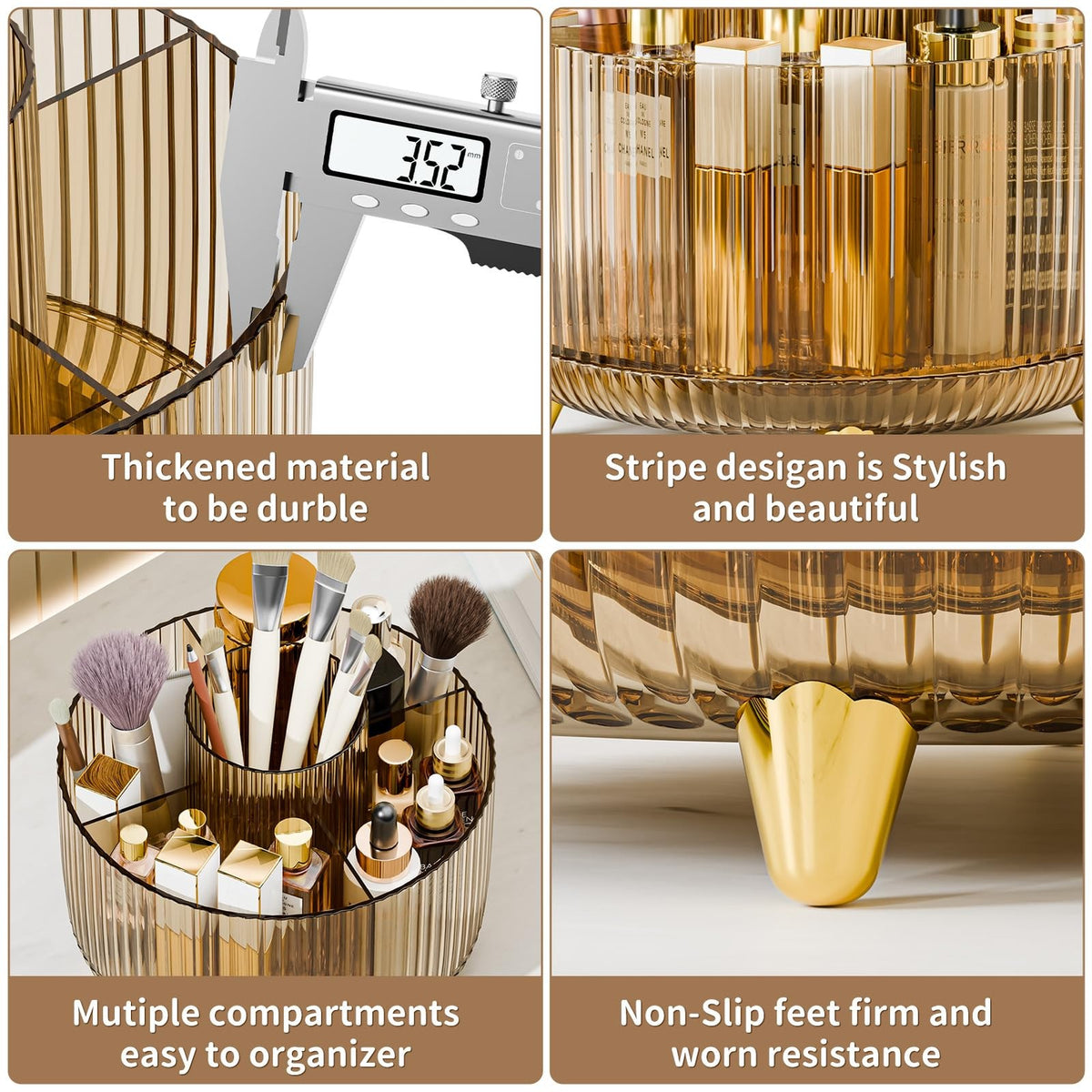 360° Rotating Makeup Brush Holder Organizer with Clear Amber Finish