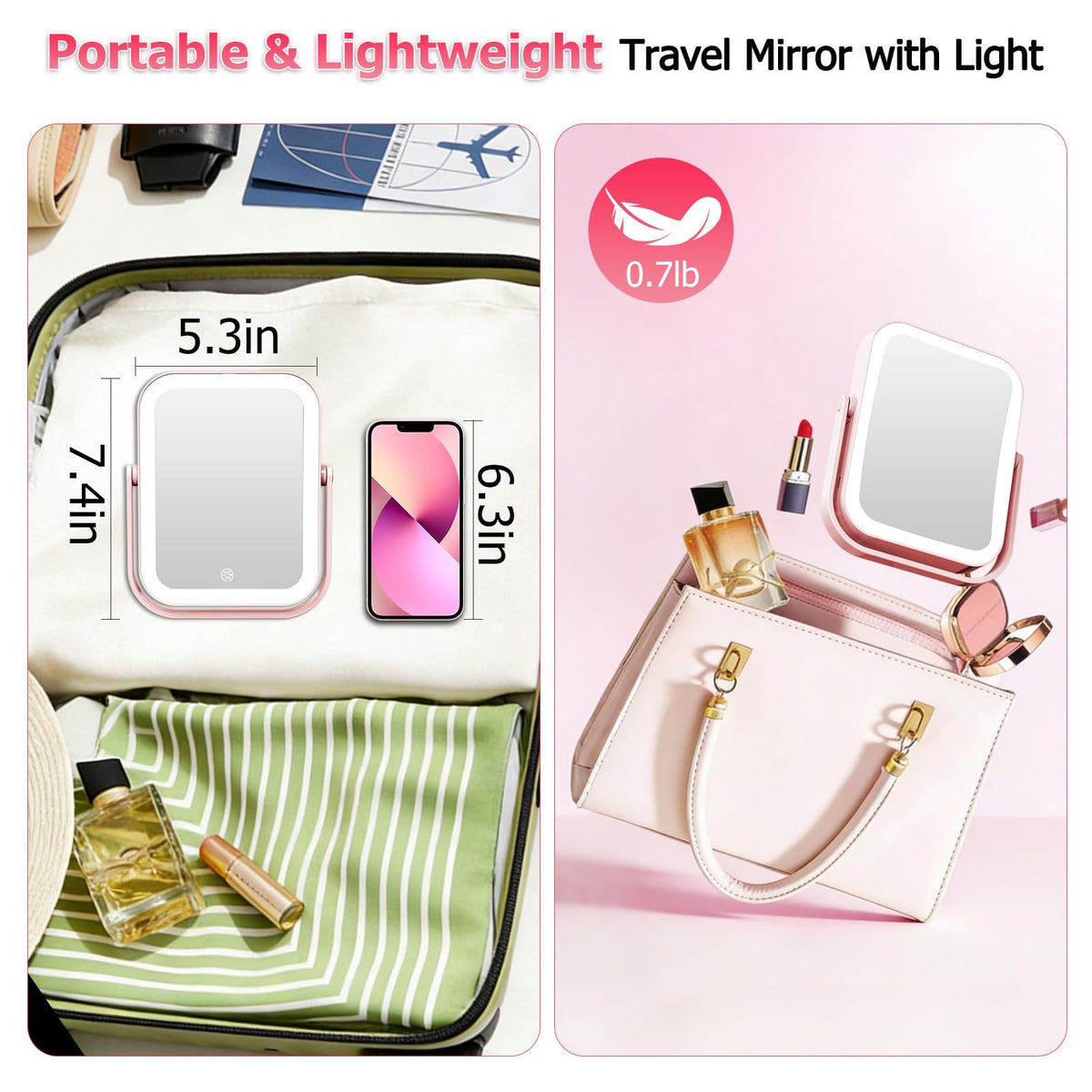 Travel Makeup Mirror with Lights 30X/1X Dimmable Touch Screen Pink Rechargeable Vanity