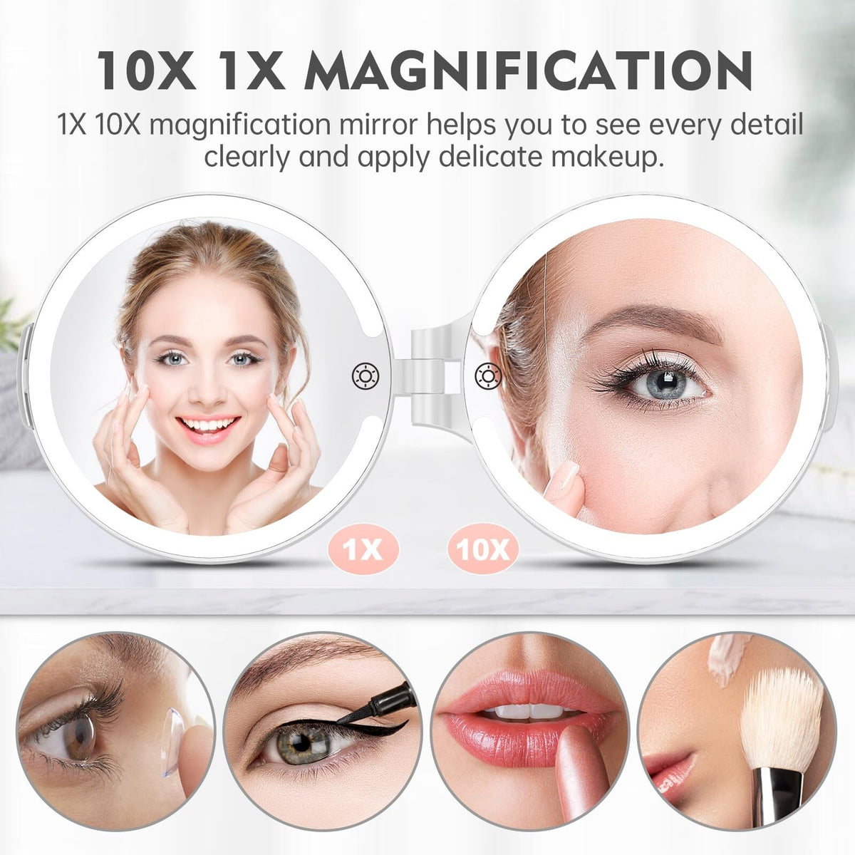 Travel Makeup Mirror with Lights and 10X Magnification - Rechargeable Portable Double-Sided Vanity Mirror, 3 Color Options