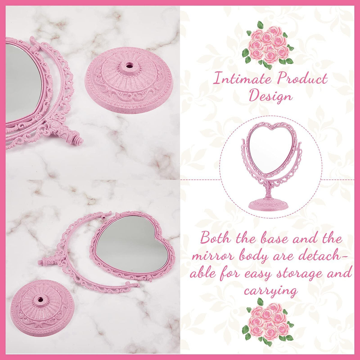 Heart Shaped Vanity Mirror & Hair Combs Set - Rotatable Double-Sided Pink