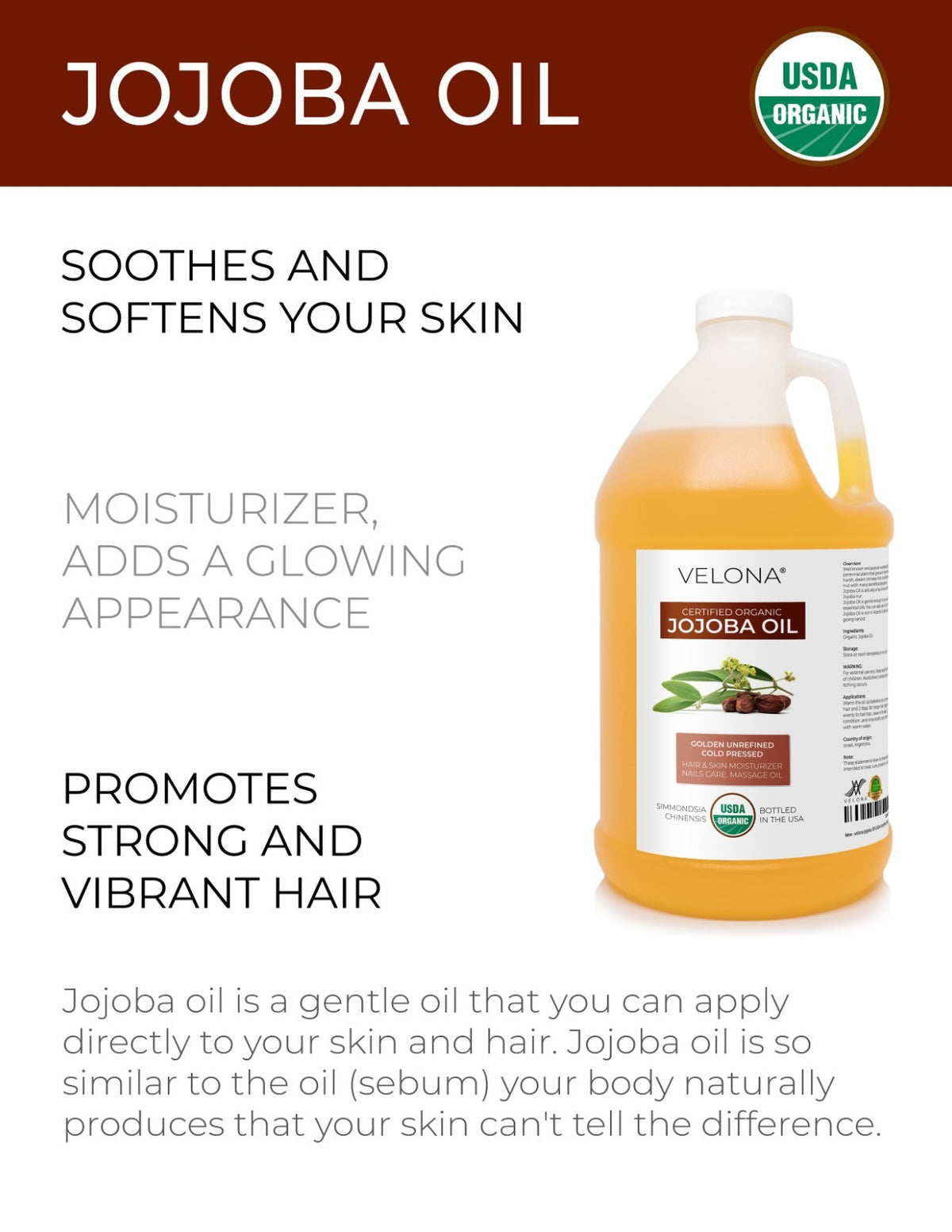 Organic Jojoba Oil 2 Fl Oz - USDA Certified, Cold Pressed, Natural Skin & Hair Care