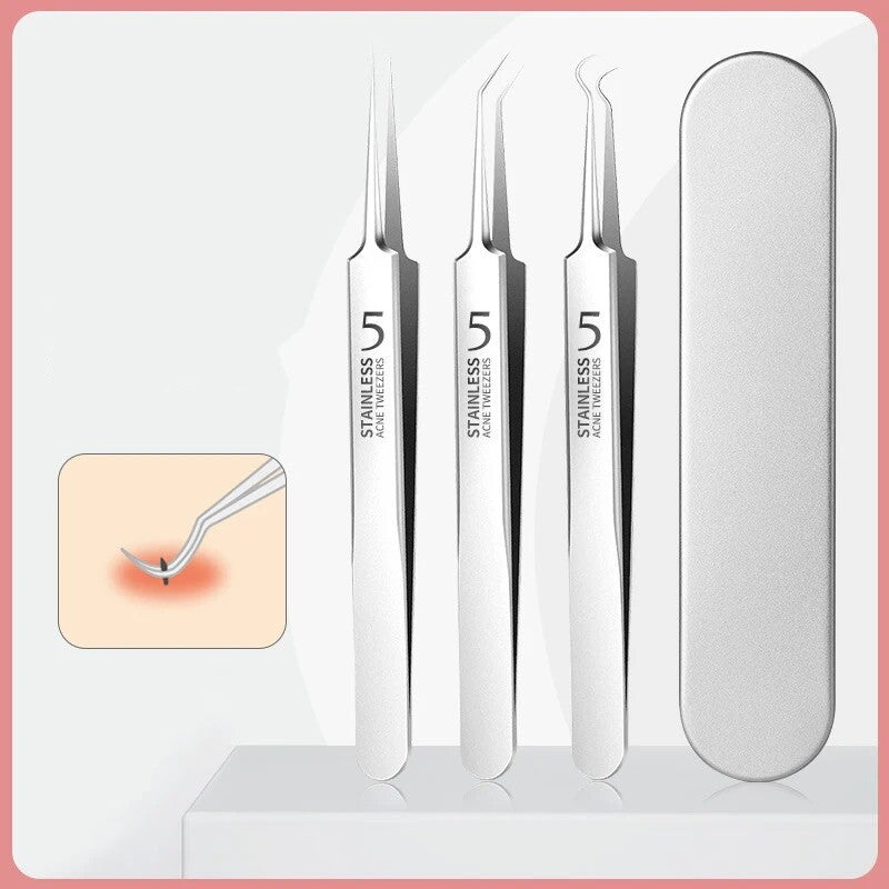 Blackhead Remover Tweezers 3-Piece Acne Pimple Extractor Kit with Case