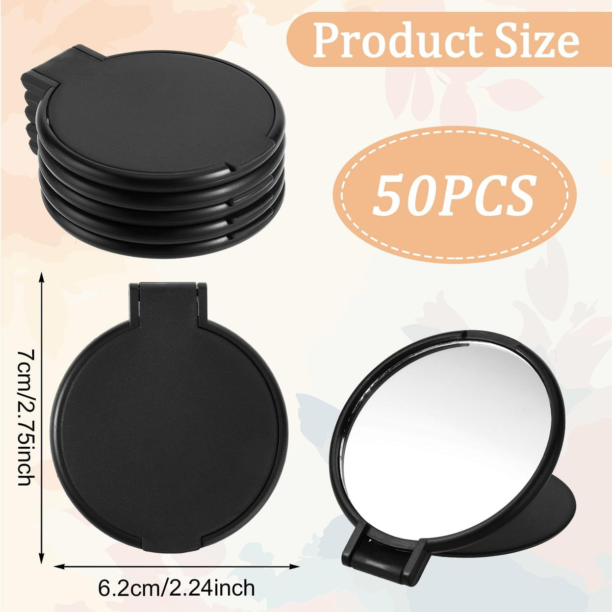 50 Pack Mini Foldable Round Makeup Mirrors - Portable Black Bulk