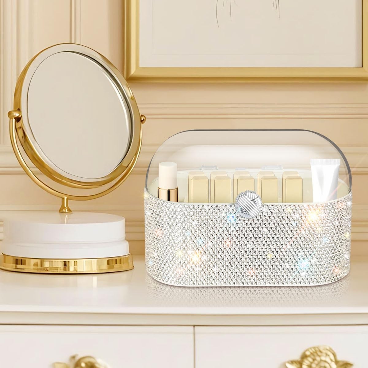 Large Capacity Acrylic Makeup Organizer with Lid and Shiny Glass Diamonds