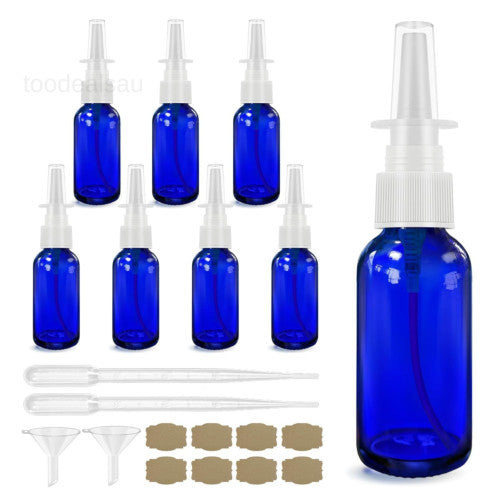 Glass Nasal Spray Bottles Set 8 x 1oz (30ml) with Dropper Funnel Labels - Refillable Portable Fine Mist