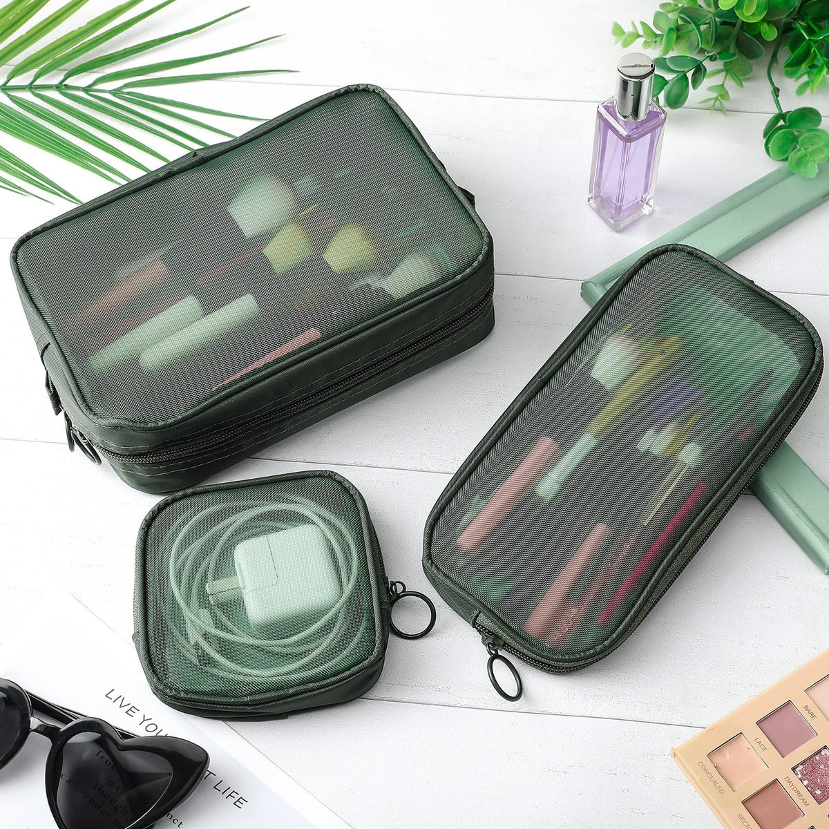 Mesh Makeup and Travel Toiletry Bags Set - 4 Pcs Transparent Nylon Organizers