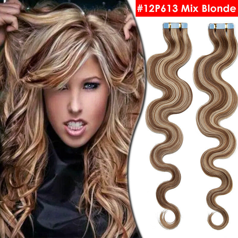 Full Head Thick Tape-In Human Hair Extensions - Remy Wavy Skin Weft