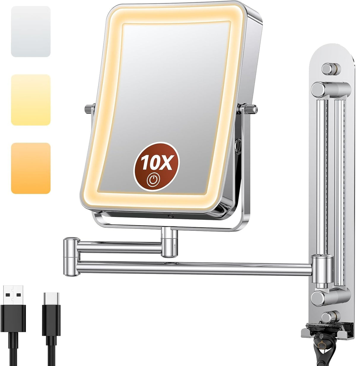 Height Adjustable Wall Mounted Lighted Makeup Mirror with 10X Magnification