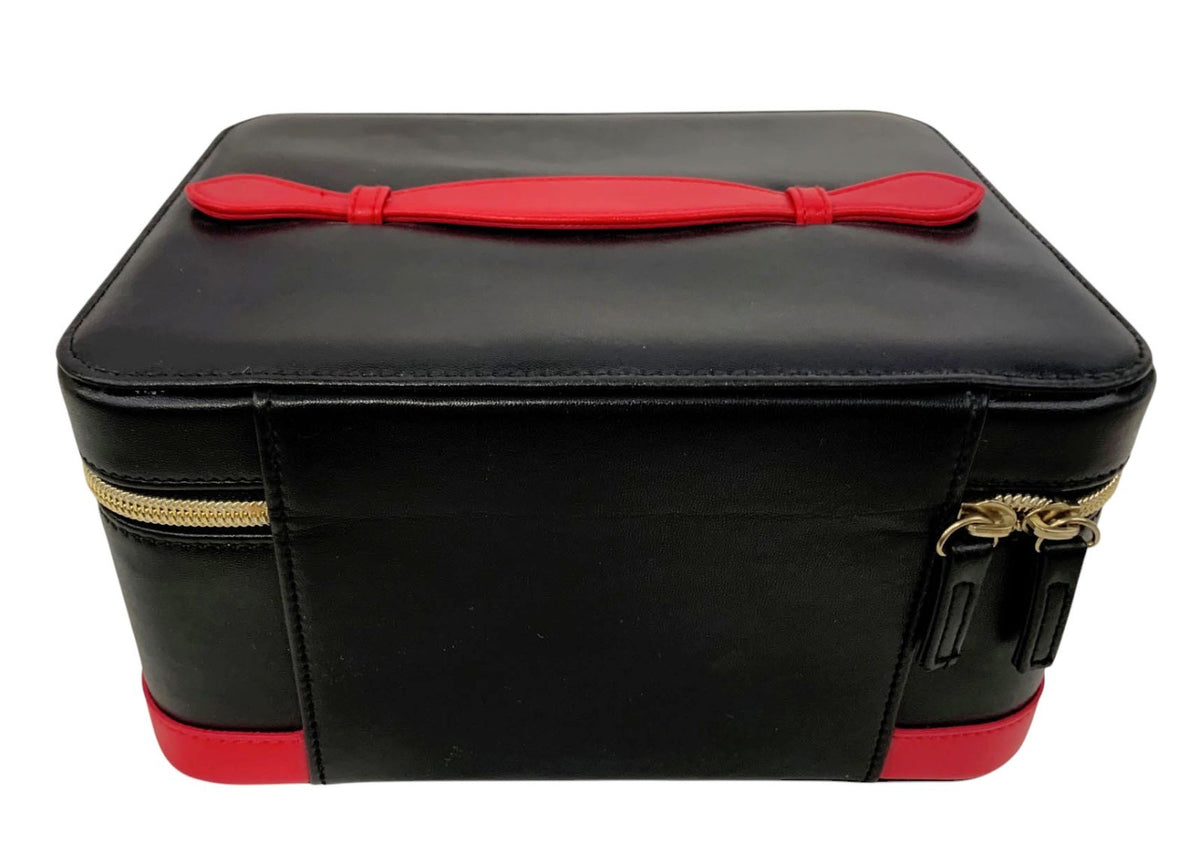 Large Leather Cosmetic Storage Box with Mirror - Black & Red Organizer