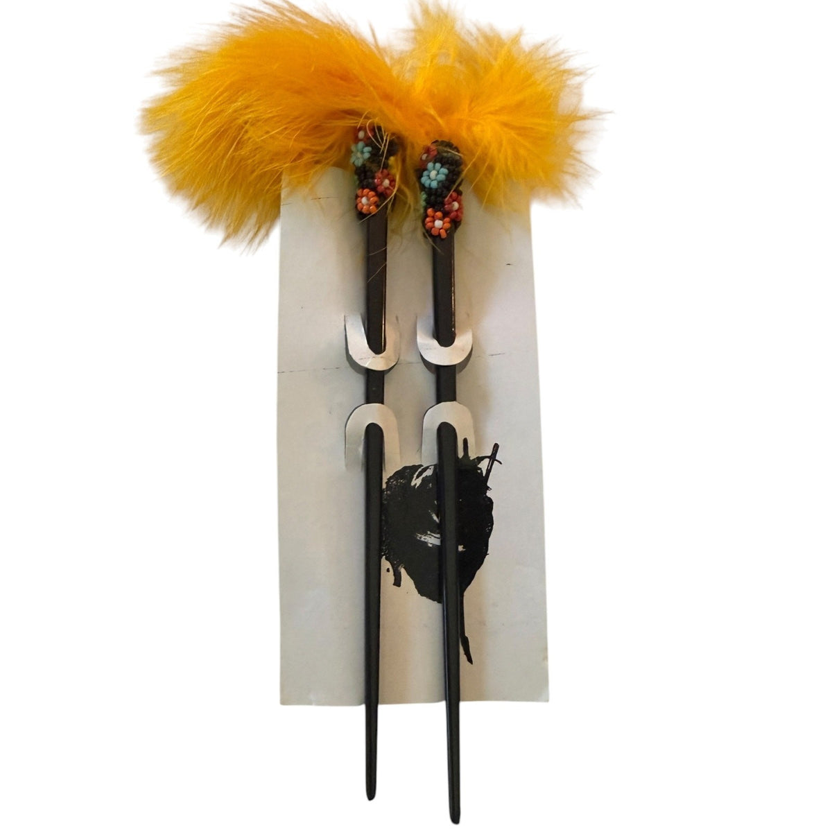 Light Orange Feather Beaded Black Chopstick Hair Sticks Set