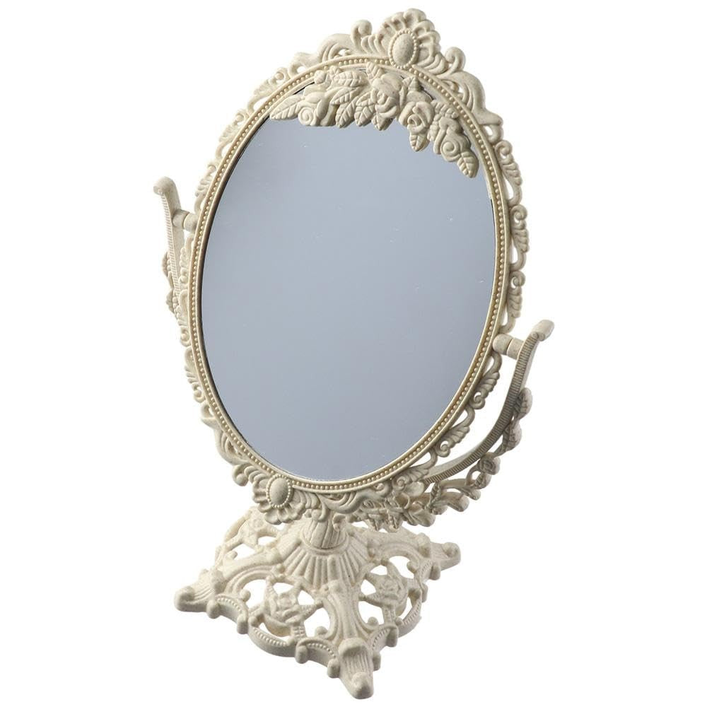 Retro Double Sided Tabletop Makeup Mirror - Oval, 8.7 x 7.5 Inches, Beige