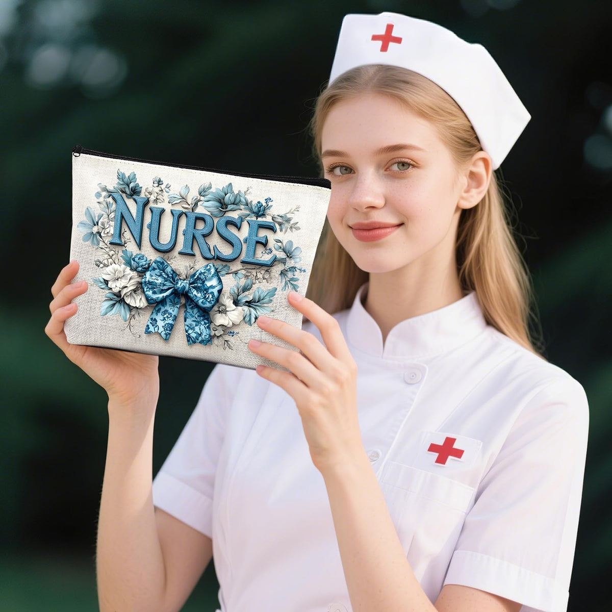 Nurse Makeup Bag - Porcelain Bow Cosmetic Organizer for Healthcare Professionals