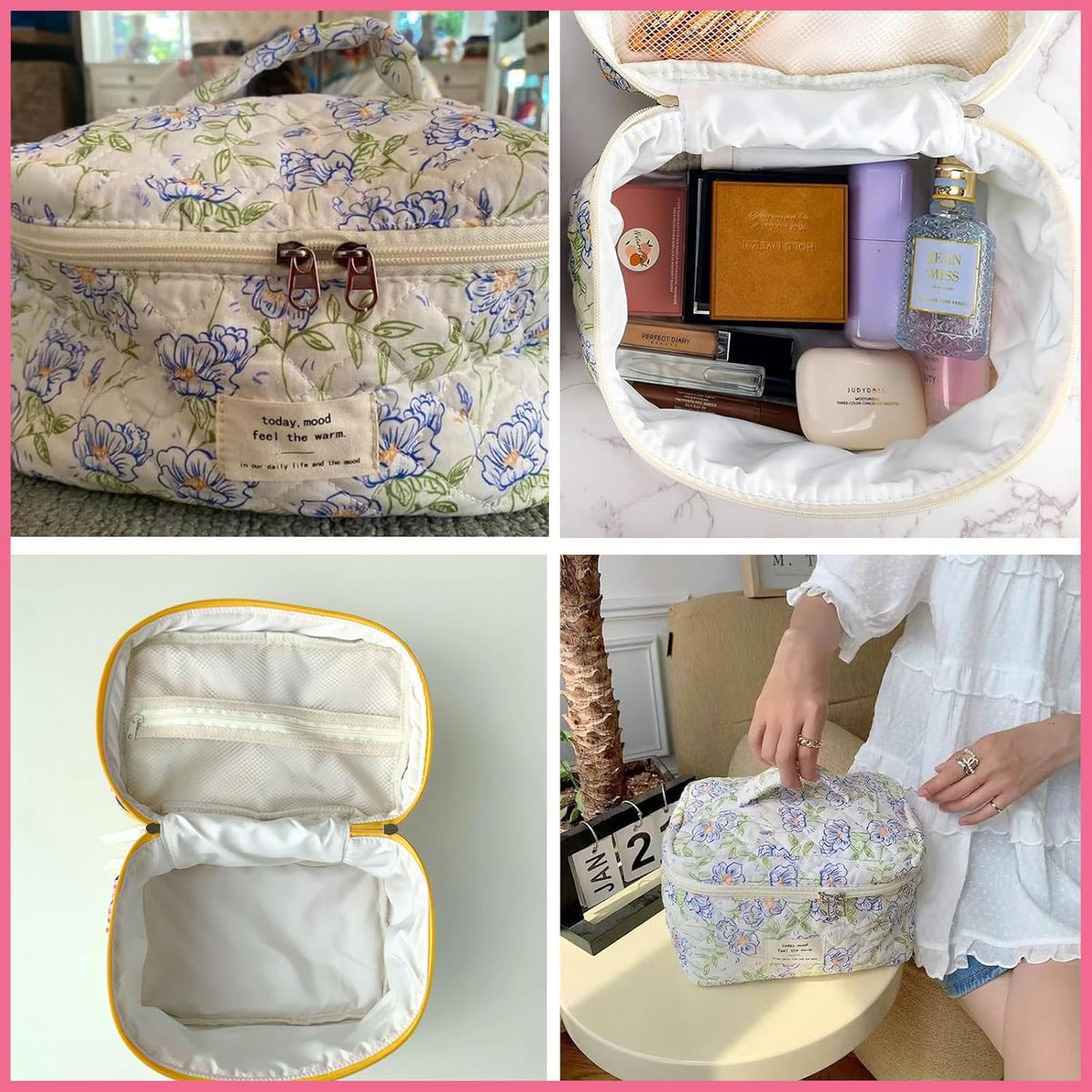 Large Quilted Makeup Bag with Floral Pattern – Travel Cosmetic Organizer for Women