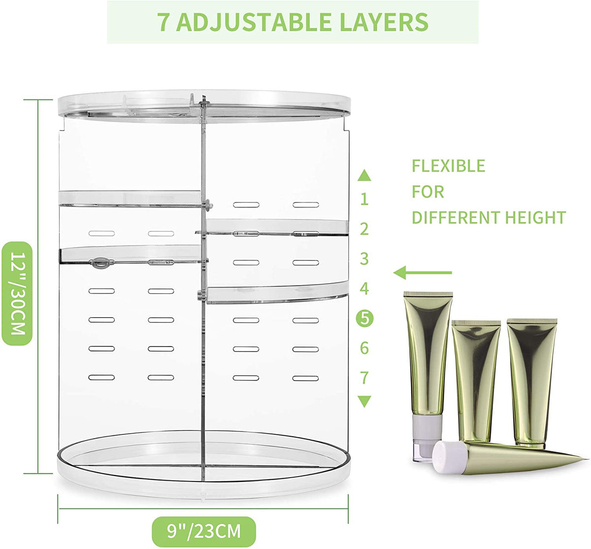 360° Rotating Makeup Organizer with Adjustable Compartments & Spinning Storage Shelf