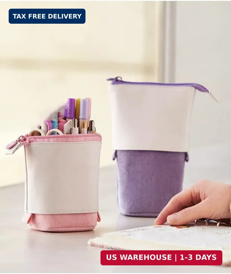 Retractable Pencil Bag Pen Organizer with PU Corduroy Stand-up Design