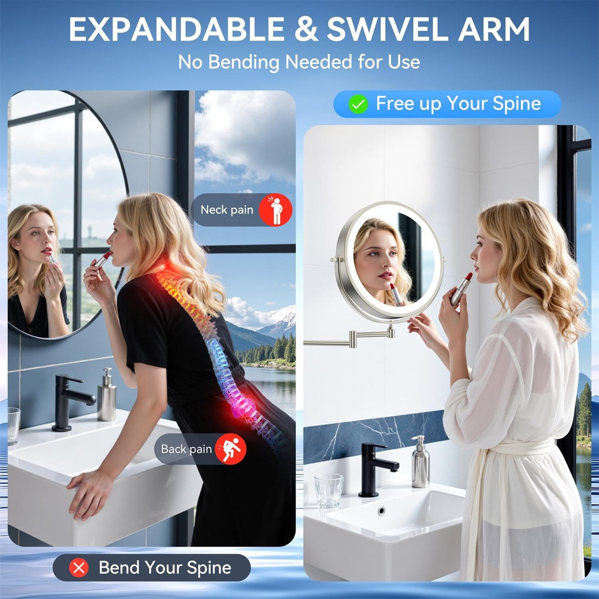 Rechargeable 9-Inch Wall Mounted Lighted Makeup Mirror with 30X Magnification, Dimmable LED, Extendable Arm