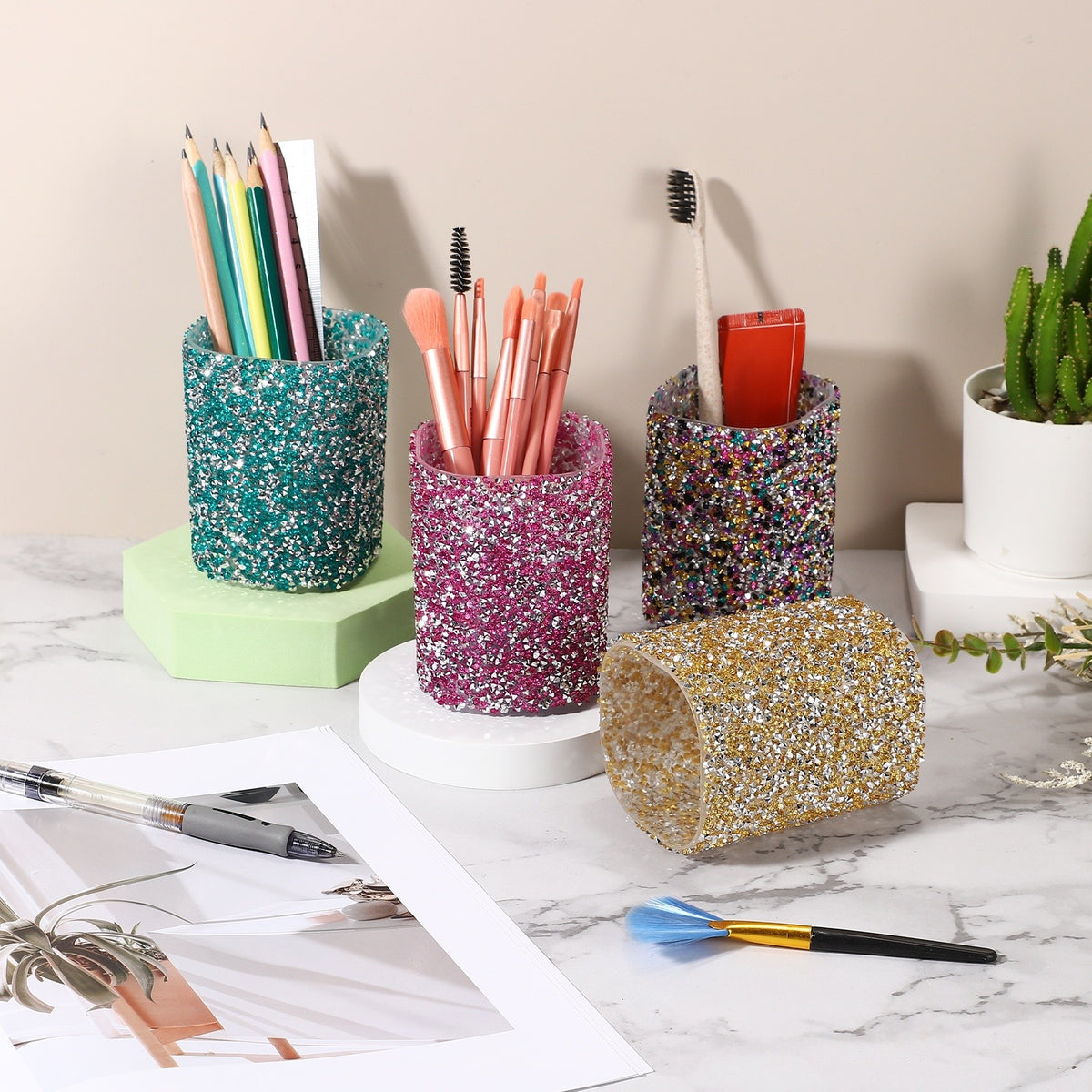 Crystal Makeup Brush Holder Storage Box - Blue Rhinestone Pen Organizer