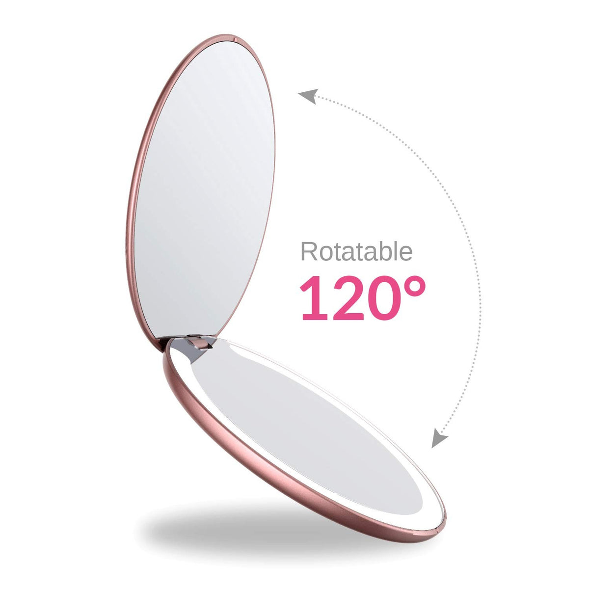 Rose Gold LED Travel Makeup Mirror with 1X/3X Magnification, Dimmable & Rechargeable