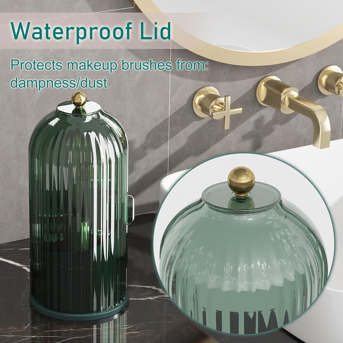 Rotating Makeup Brush Organizer with Lid - Green, 360° Waterproof Dustproof