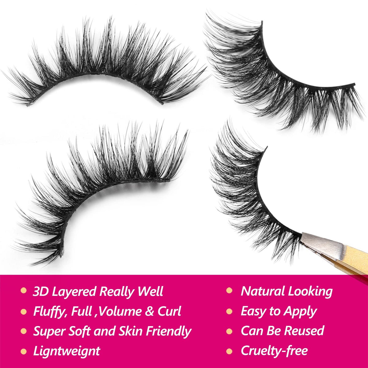False Eyelashes 15 Pairs Cat Eye 3D Faux Mink Fluffy Natural-Look Lashes