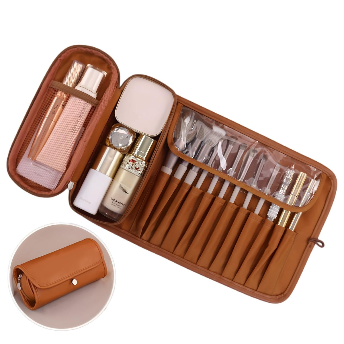 Leather Makeup Brush Case - Portable Organizer with Multiple Compartments