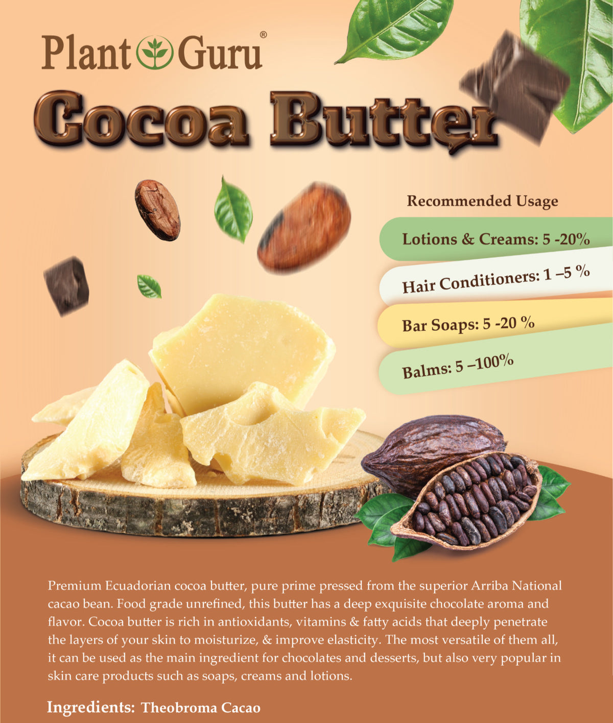 Raw Cocoa Butter 8 oz. FOOD GRADE 100% Pure Natural Unrefined Organic