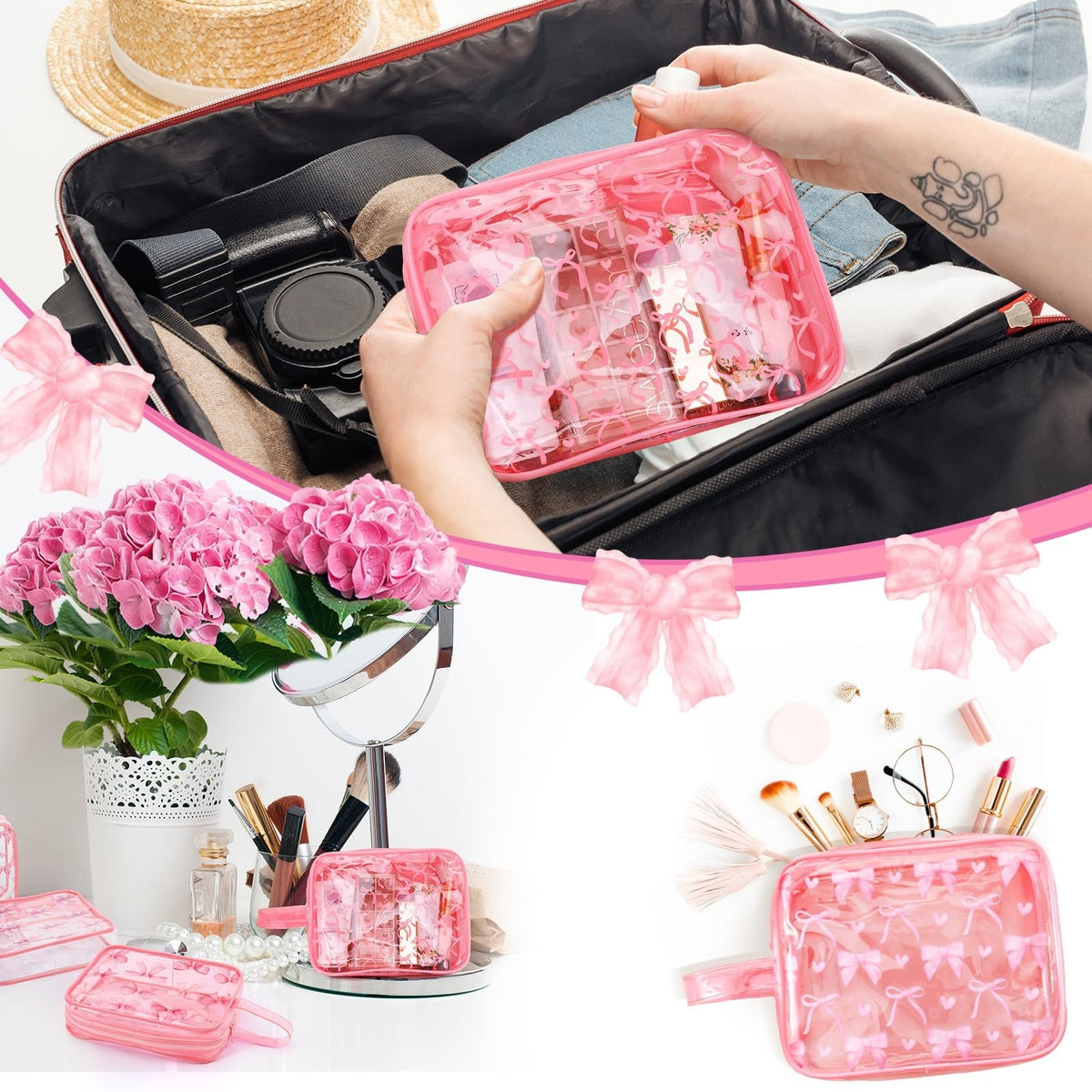 6-Piece Pink Bow Makeup Bags Set | Coquette Cosmetic Travel Pouches