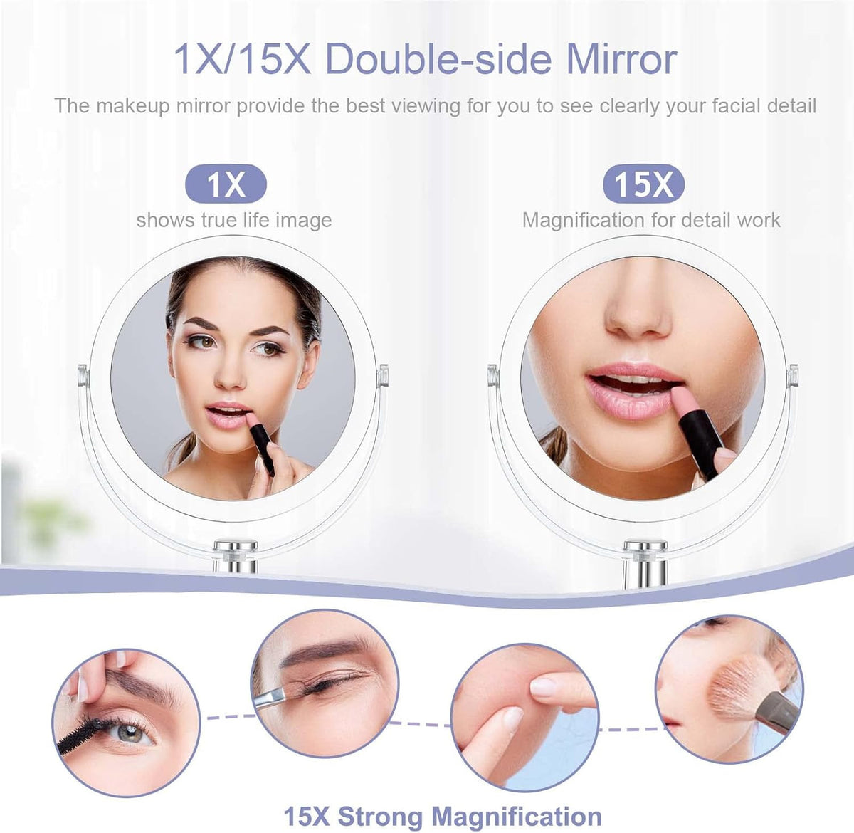Double-Sided Makeup Mirror with 1X/15X Magnification and 360° Rotation - Stylish Vanity Mirror