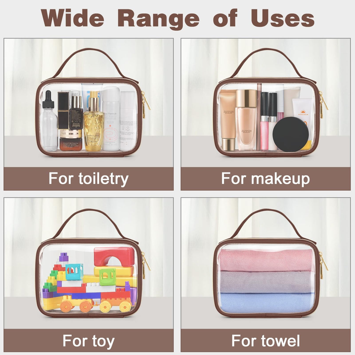 3 Pack TSA Approved Clear PVC Toiletry Makeup Bags with Handles - Quart Size Brown