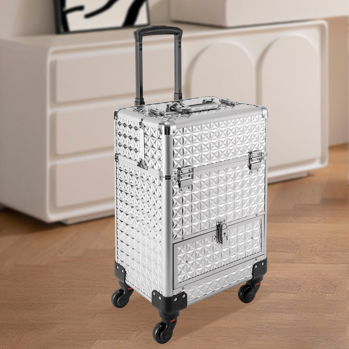 Rolling Makeup Train Case with 7 Compartments and 4 Wheels Cosmetic Storage Trolley