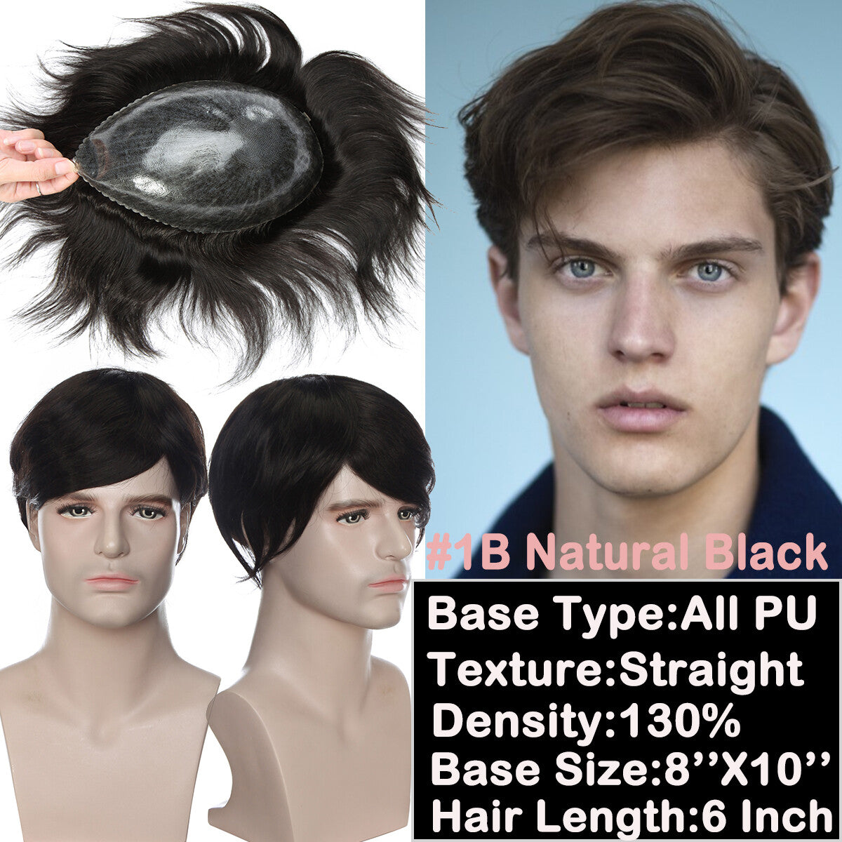 Men's Hair Replacement System Toupee with Skin-Like PU Base - Human Hair
