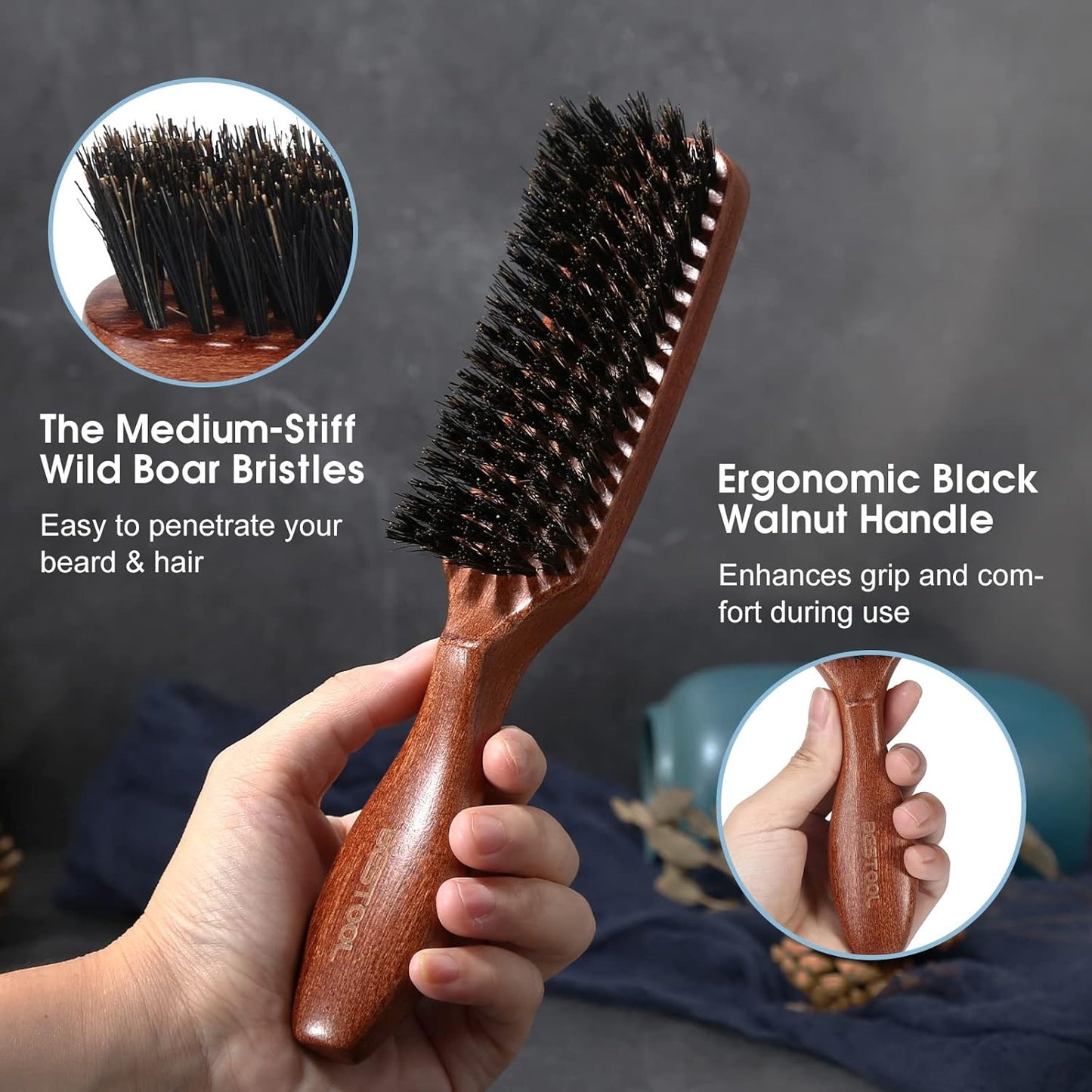 Boar Bristle Hair Brush for Women Men - Detangling & Styling, Scalp Massage