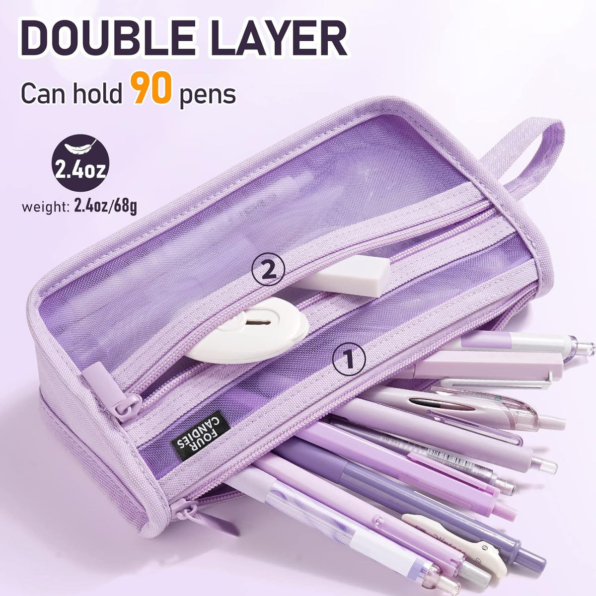 Large Capacity Clear Mesh Pencil Case with Handle, Double Layer Zipper Storage