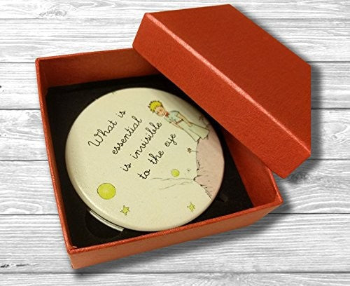 Little Prince Compact Mirror with Magnifying and Standard Mirrors - White PU Leather, Travel Size