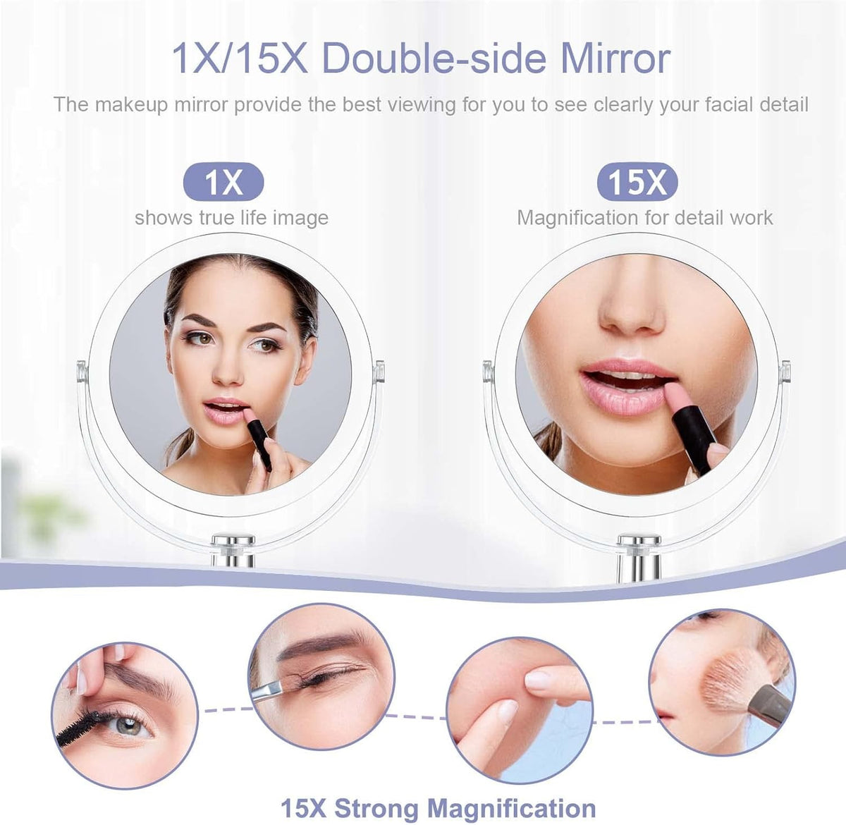 Double Sided Vanity Makeup Mirror with Stand 1X/15X Magnification 360° Swivel