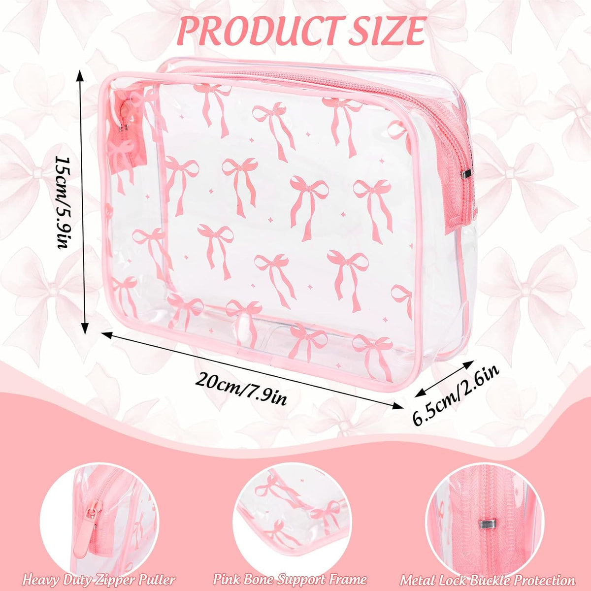 Pink Bow Clear Makeup Bags Set - Waterproof Cosmetic Travel Pouches for Women