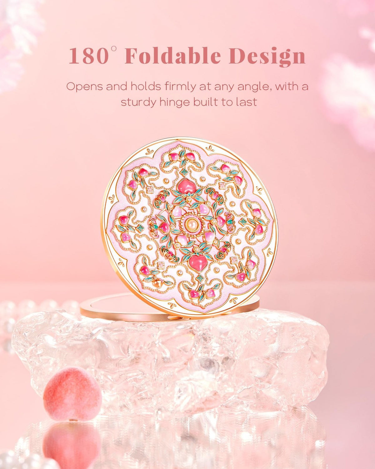 Pearl Bloom Compact Mirror with 2X Magnification - Pink Pocket Makeup Mirror