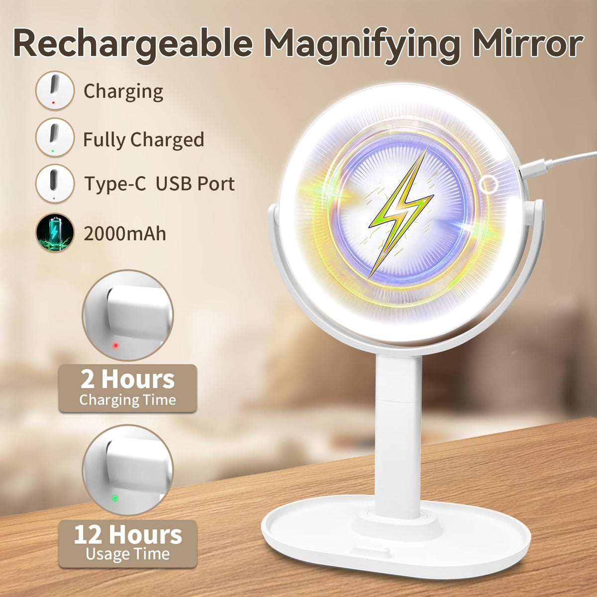 LED Lighted Dual-Sided Makeup Mirror 1X/10X with Brightness & Color Control
