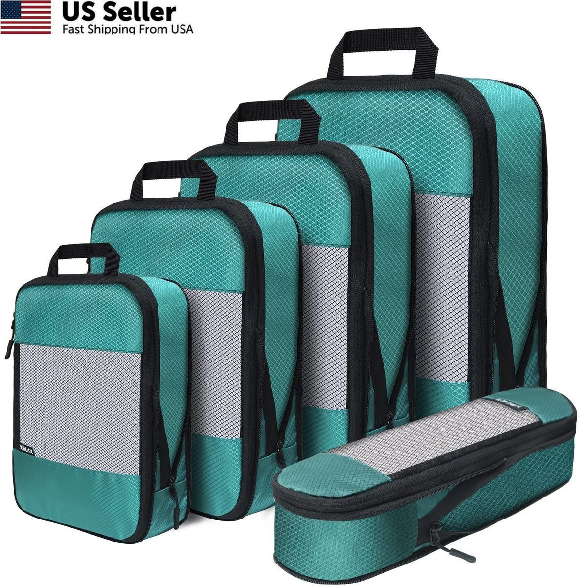 Travel Compression Packing Cubes Set of 5 - Space Saving Luggage Organizers, Green