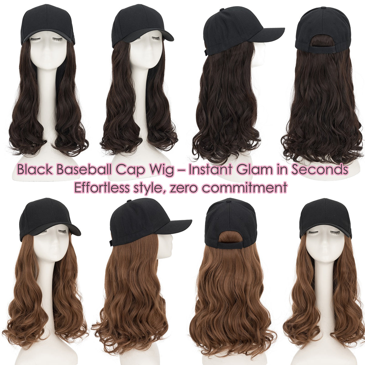 Women Baseball Cap Hat with Wavy Synthetic Hair Wig - Natural, Ombre