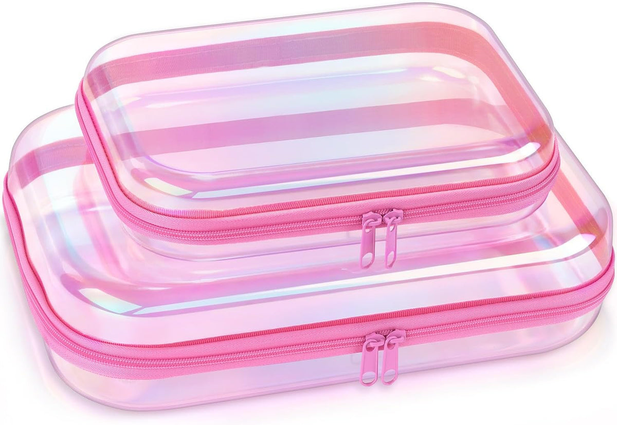 Clear Hard Shell Makeup & Toiletry Bag Set - Iridescent Waterproof Travel Organizer, Large Capacity, 2 Pieces
