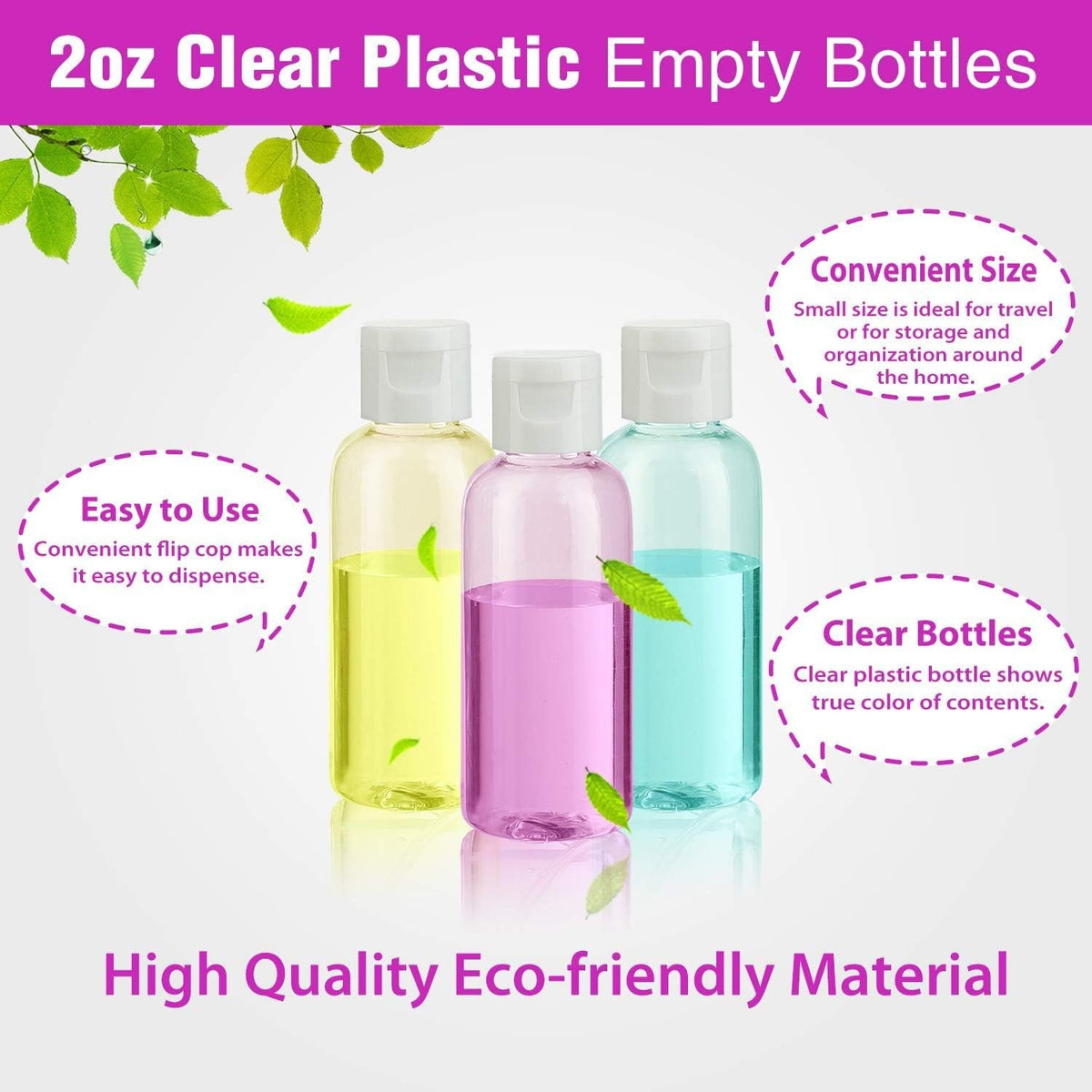 30 Pack 2 oz Clear Plastic Travel Bottles with Flip Cap - Leakproof, Refillable