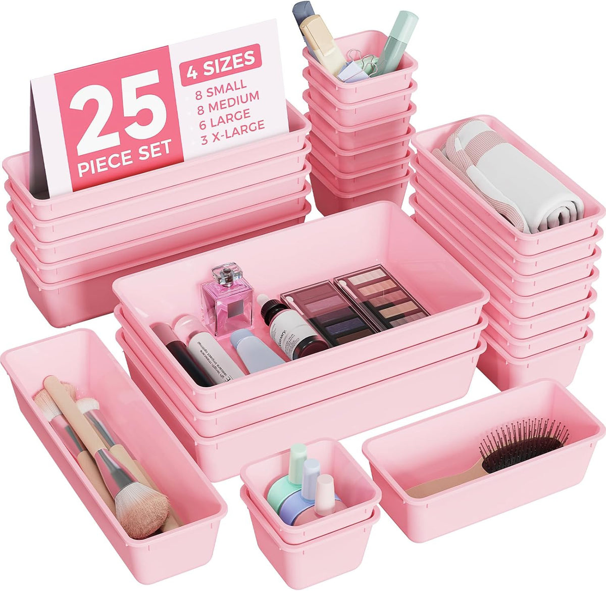 25-Piece Plastic Drawer Organizer Set with 4 Sizes for Vanity, Makeup, Office & Kitchen Storage