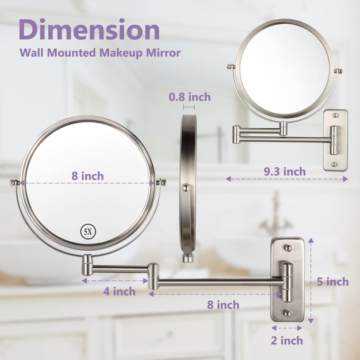 Wall Mounted Makeup Mirror with 1X/5X Magnification - 8 Inch Extendable Double Sided Bathroom Mirror