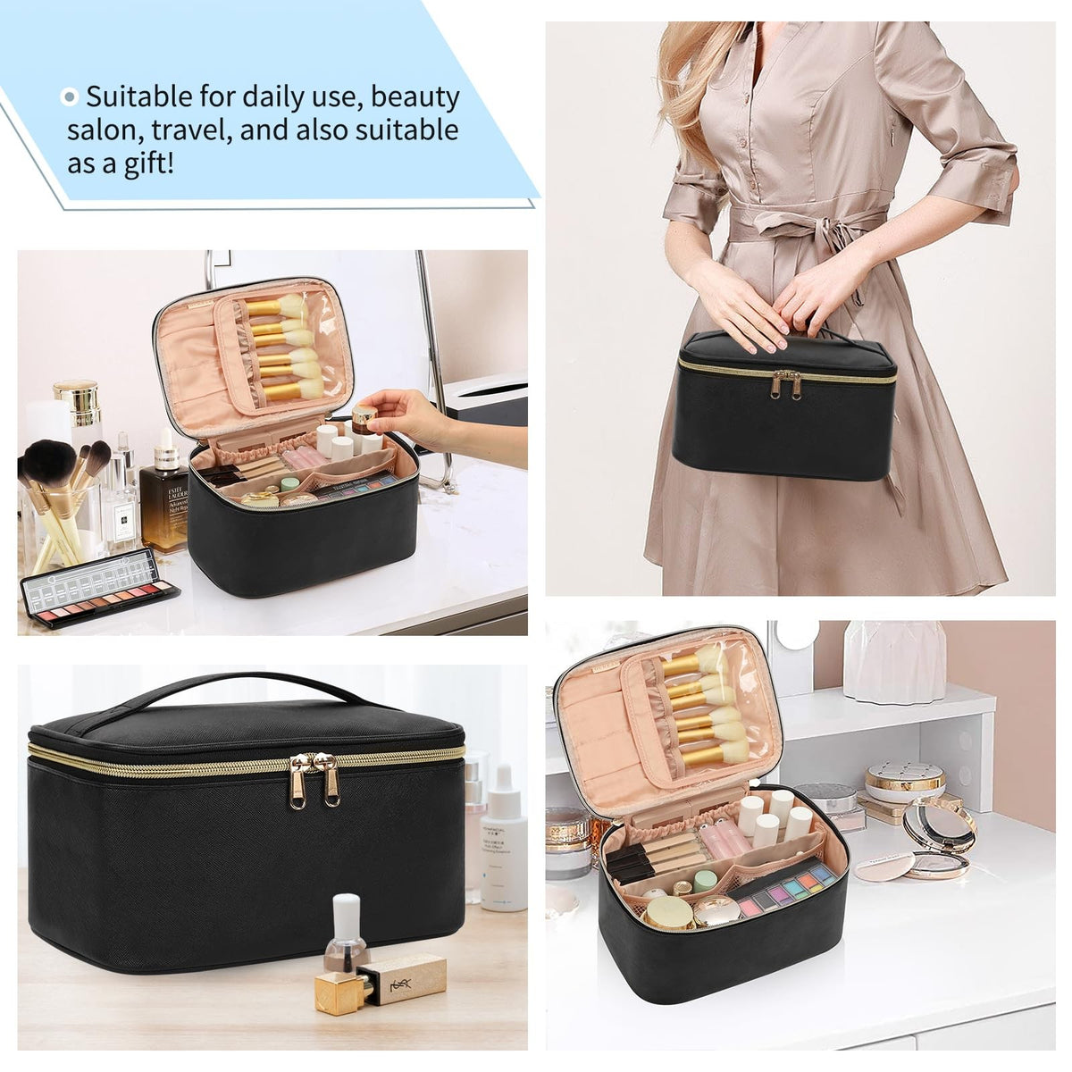 Portable Black Makeup Bag with Brush Partition & Waterproof Vegan Leather