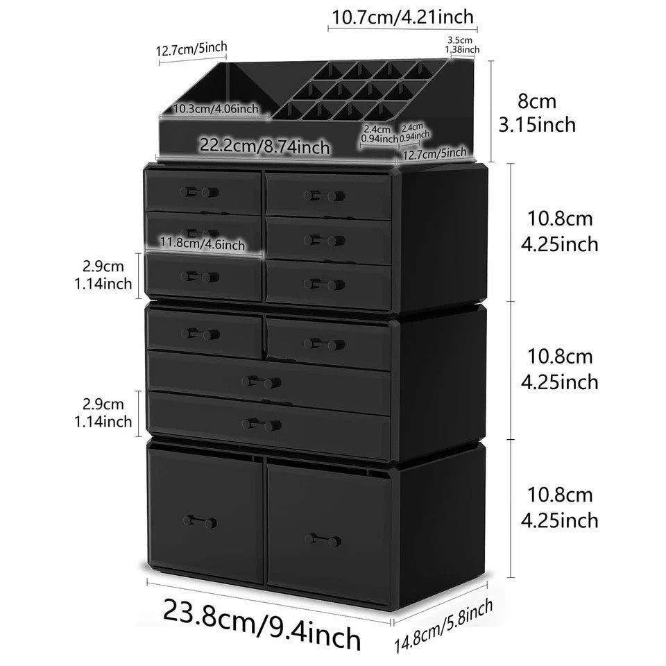Makeup Organizer with 12 Drawers - Black Cosmetic Storage Box