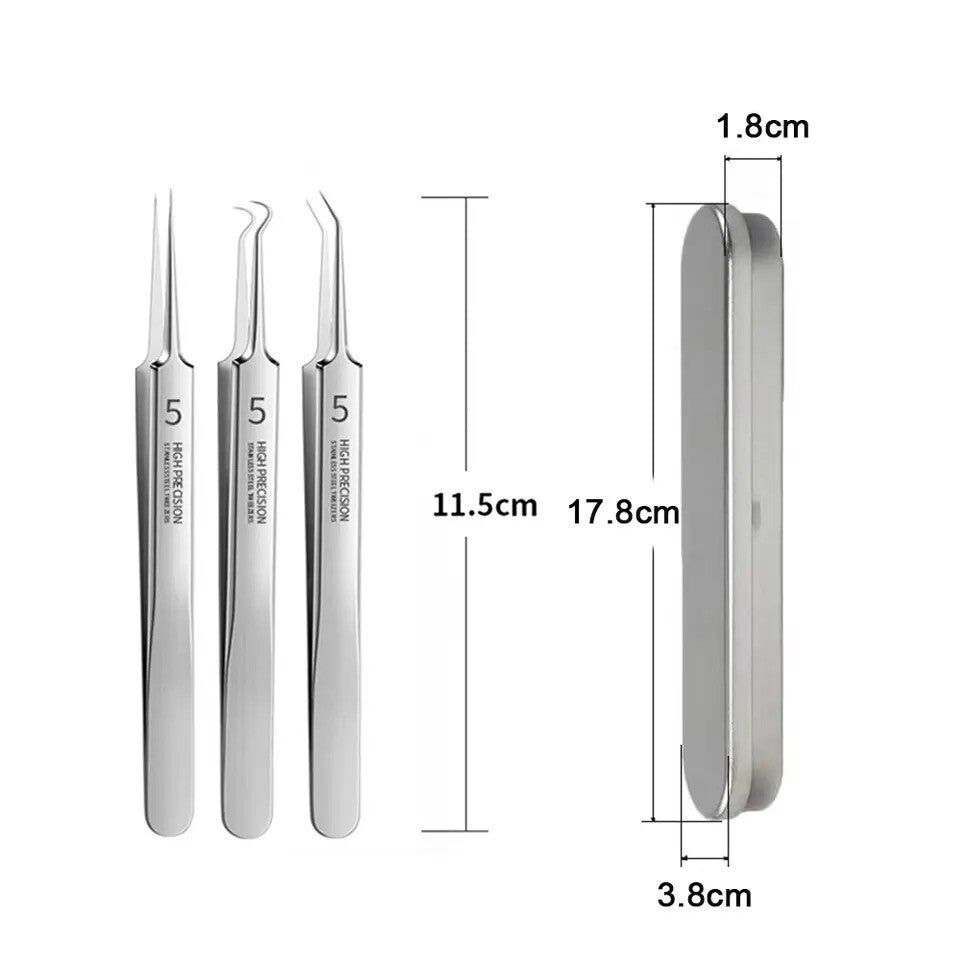 Blackhead Remover Tweezers 3-Piece Acne Pimple Extractor Kit with Case